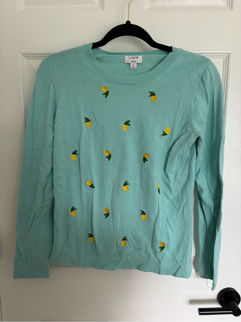 J. Crew Mint Green Sweater with Yellow Lemon Motif embroidery light teal